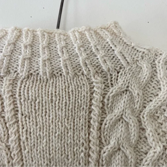Vintage Handmade Wool Sweater Cream Fisherman Knit Aran Mock Turtleneck S M - Picture 5 of 8